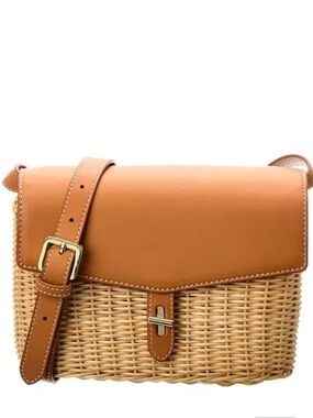 J Mclaughin Tan Leather and Woven Crossbody Bag